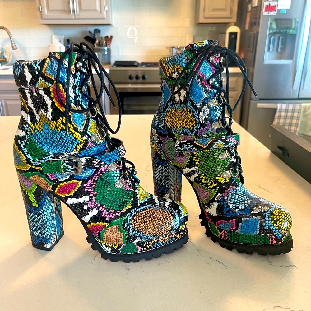 Rainbow Snakeskin Heeled Booties. Size 9.